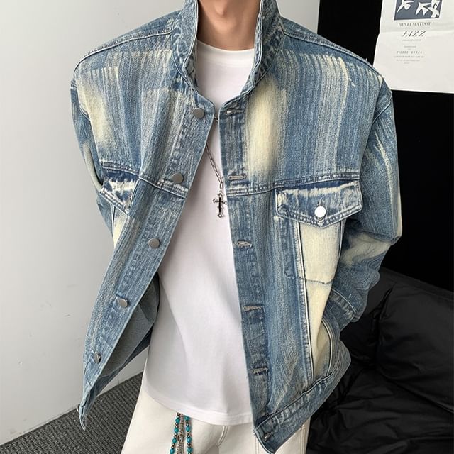 Antaeus-Collared Washed Button-Up Denim Jacket