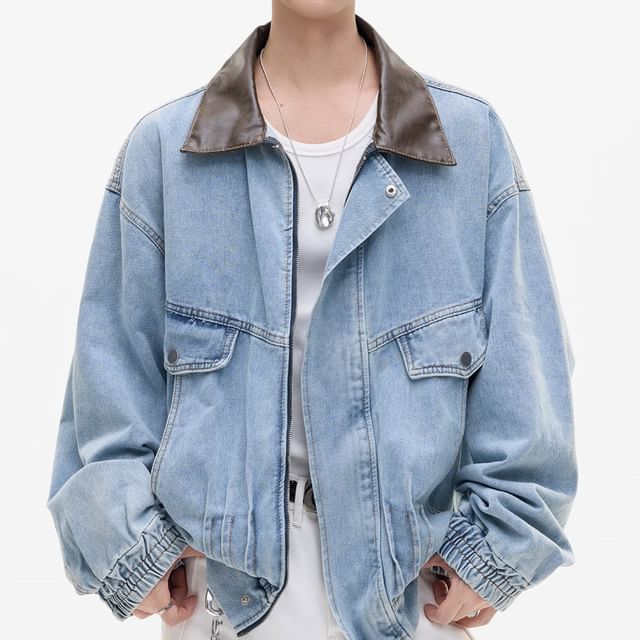 Antaeus-Collared Washed Button-Up Denim Jacket