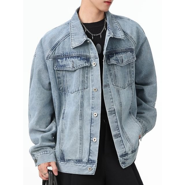 Antaeus-Collared Washed Denim Button Up Jacket