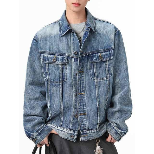 Antaeus-Collared Washed Denim Button Up Jacket