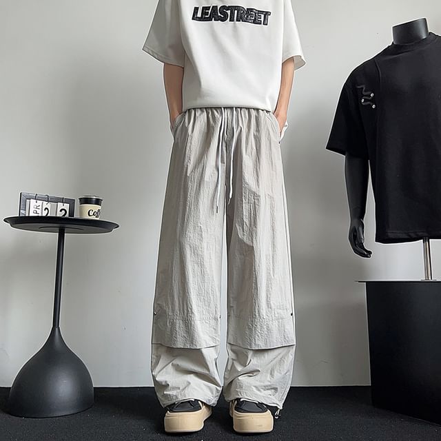 Antaeus-Drawstring Waist Plain Ruched Wide Leg Pants