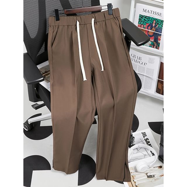 Antaeus-Drawstring Waist Plain Slit Straight Leg Pants