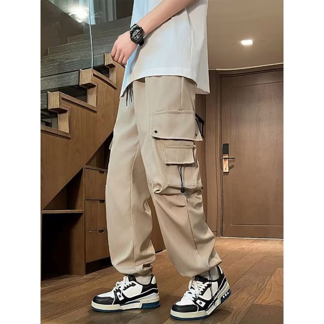Antaeus-Drawstring Waist Plain Straight Leg Cargo Pants
