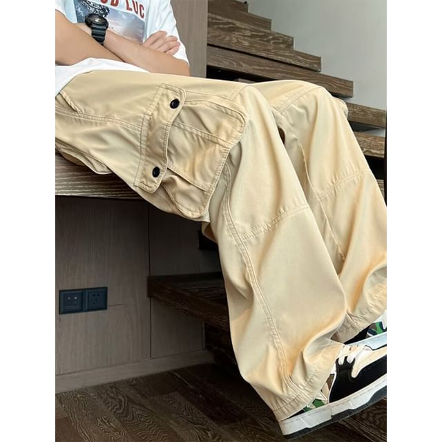 Antaeus-Drawstring Waist Plain Straight Leg Cargo Pants