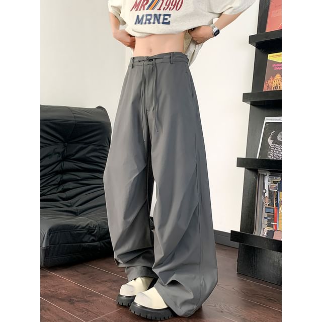Antaeus-Drawstring Waist Plain Wide Leg Parachute Pants