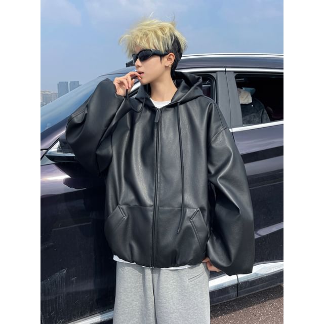 Antaeus-Hooded Plain Faux Leather Zip Jacket