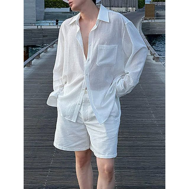 Antaeus-Long-Sleeve Collared Plain Button Up Shirt