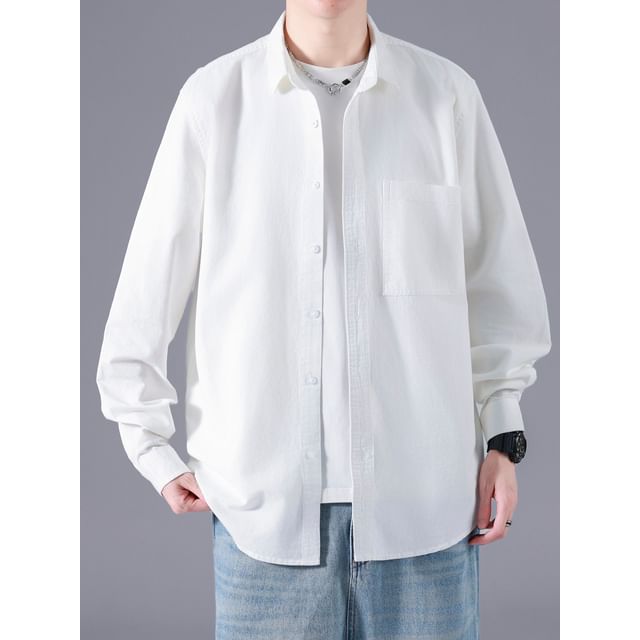 Antaeus-Long Sleeve Collared Plain Shirt
