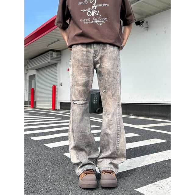 Antaeus-Mid Rise Washed Distressed Flared Jeans