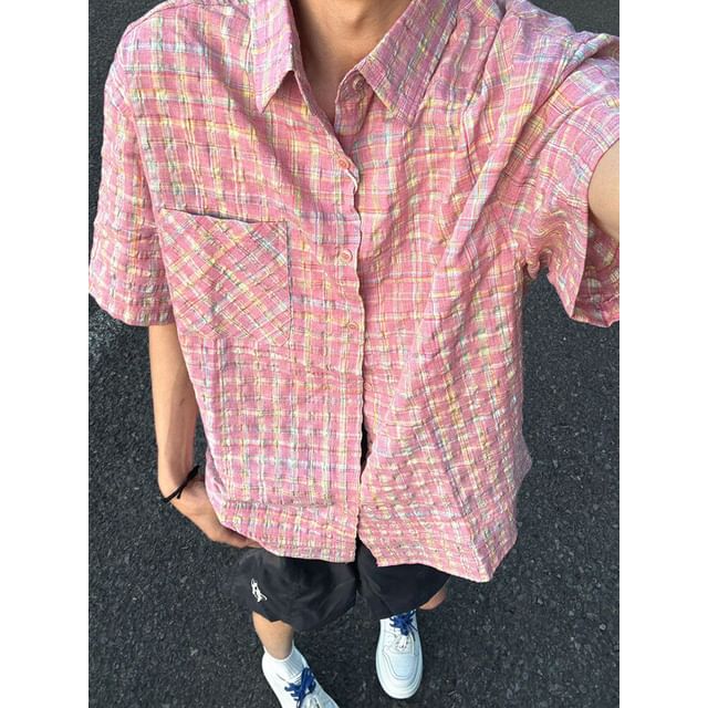 Antaeus-Short Sleeve Collared Plaid Shirt