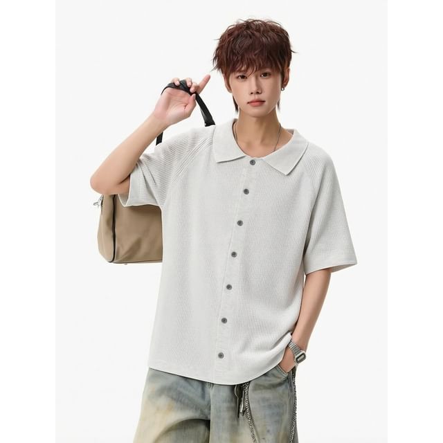 Antaeus-Short-Sleeve Collared Plain Button Up Knit Top