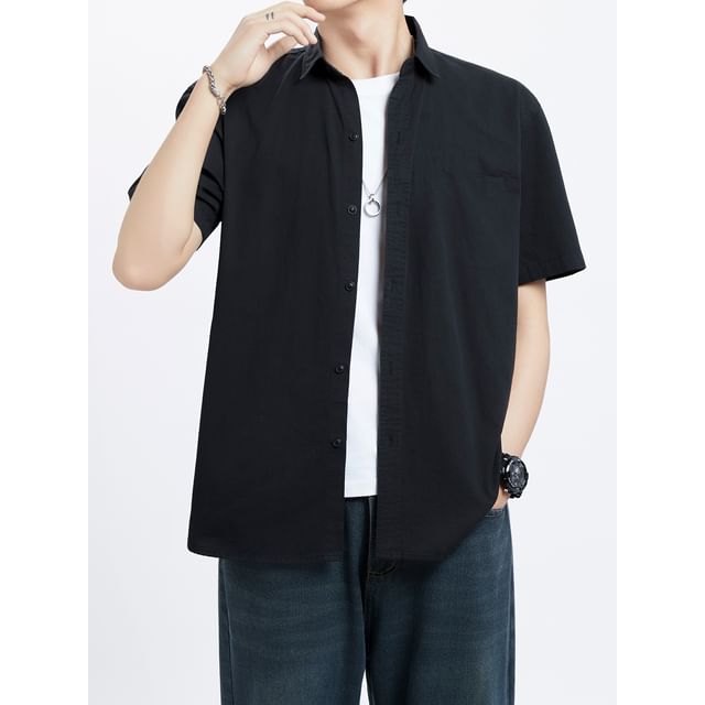 Antaeus-Short Sleeve Collared Plain Shirt