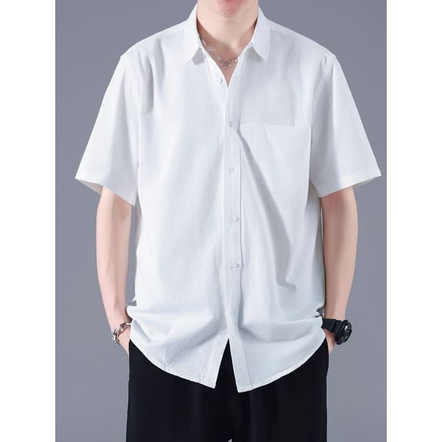 Antaeus-Short Sleeve Collared Plain Shirt