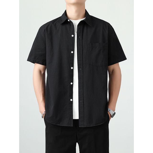 Antaeus-Short Sleeve Collared Plain Shirt