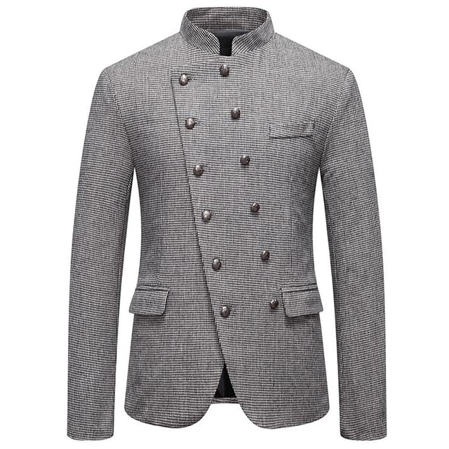Aozora-Double Breasted Stand Collar Plaid Blazer