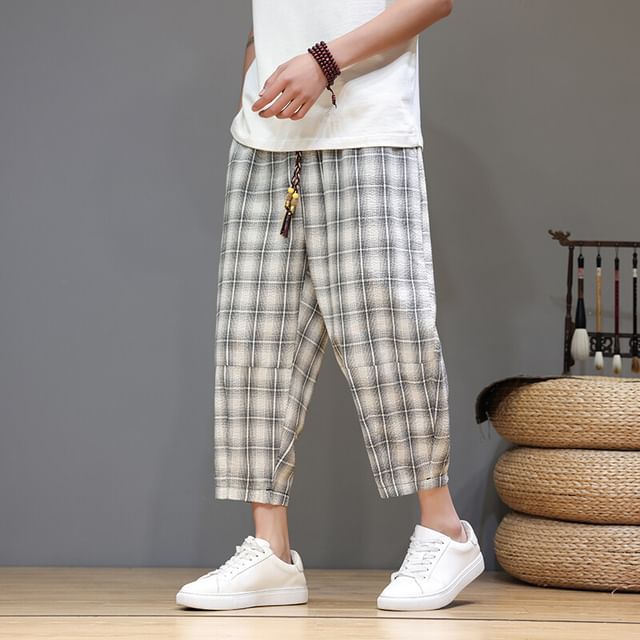 Aozora-Drawstring Waist Plaid Capri Tapered Pants