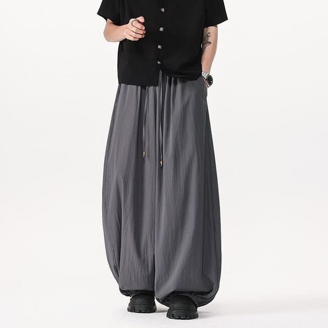 Aozora-Drawstring Waist Plain Baggy Wide Leg Pants