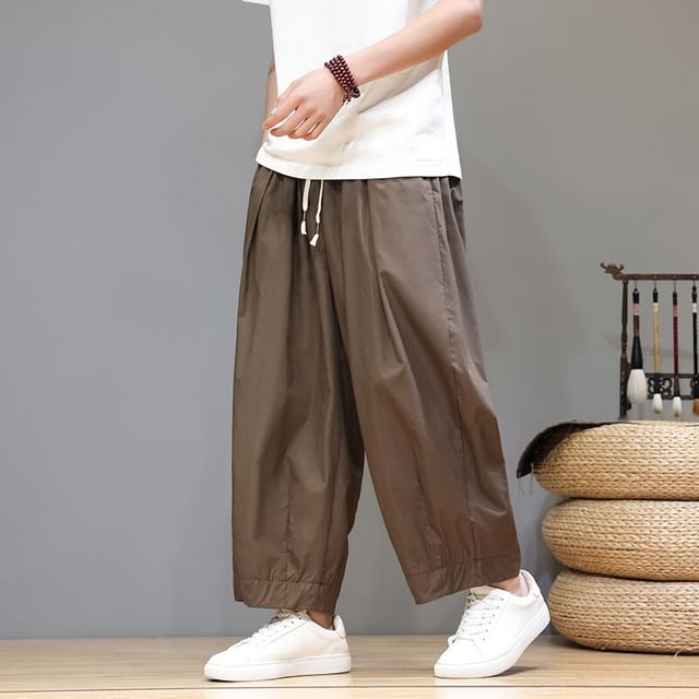 Aozora-Drawstring Waist Plain Capri Straight Leg Pants