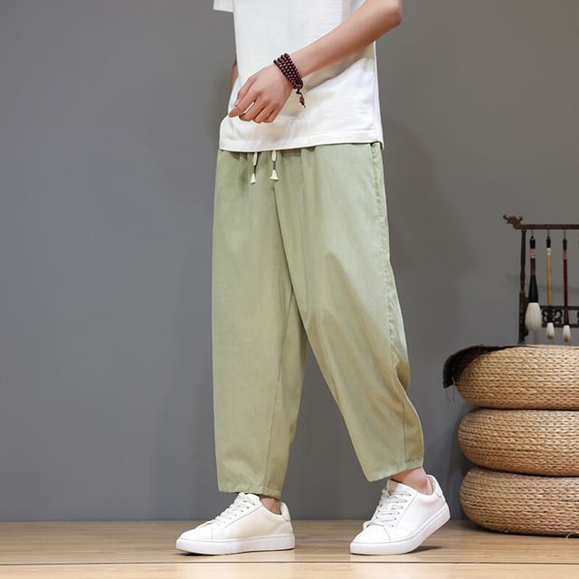 Aozora-Drawstring Waist Plain Capri Straight Leg Pants