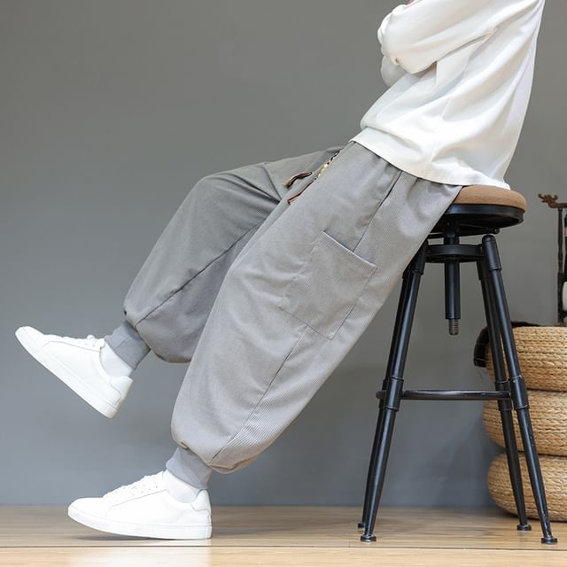 Aozora-Drawstring Waist Plain Corduroy Harem Pants