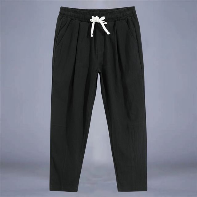 Aozora-Drawstring Waist Plain Cropped Tapered Pants