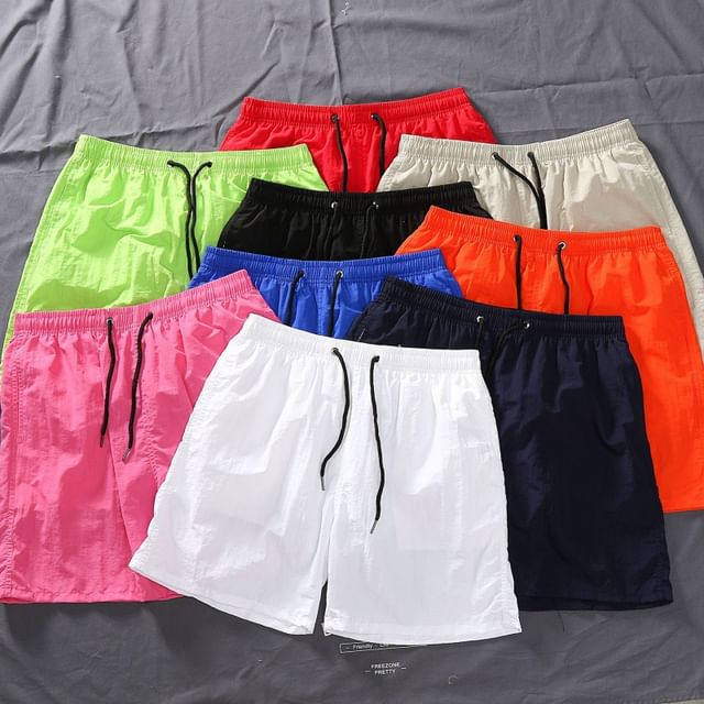 Aozora-Drawstring Waist Plain Shorts