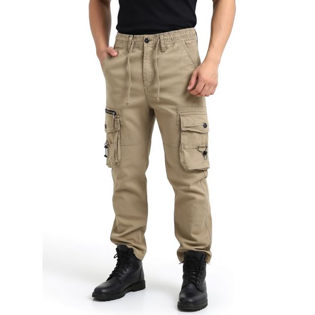 Aozora-Drawstring Waist Plain Slim Fit Cargo Pants