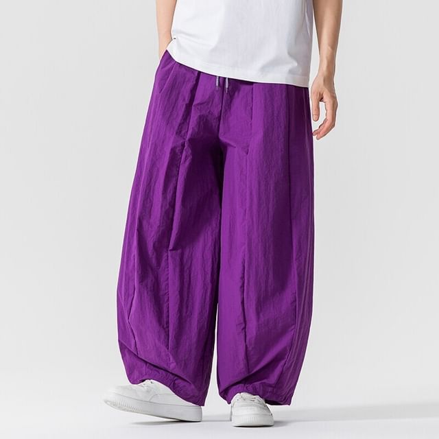 Aozora-Drawstring Waist Plain Straight Leg Pants