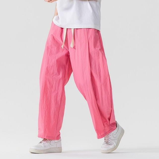 Aozora-Drawstring Waist Plain Straight Leg Pants