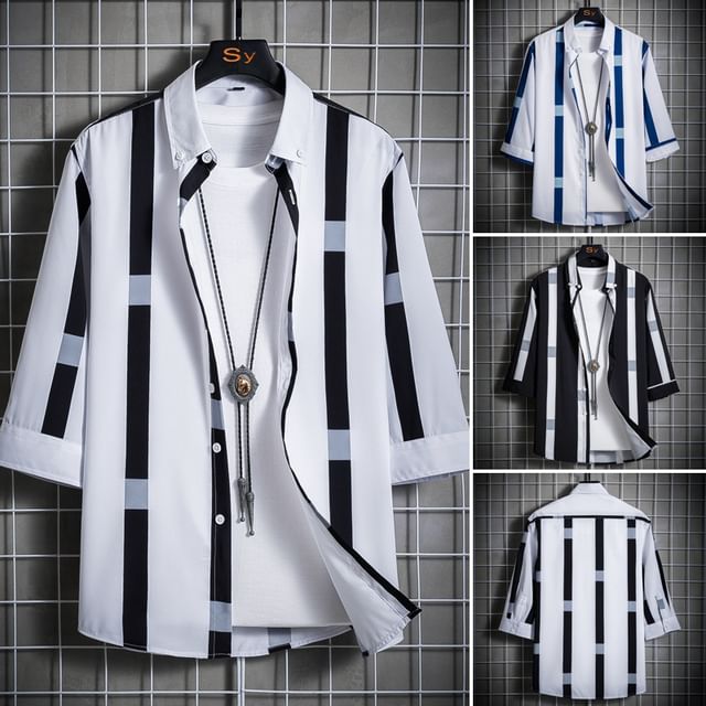 Aozora-Elbow Sleeve Collared Striped Shirt