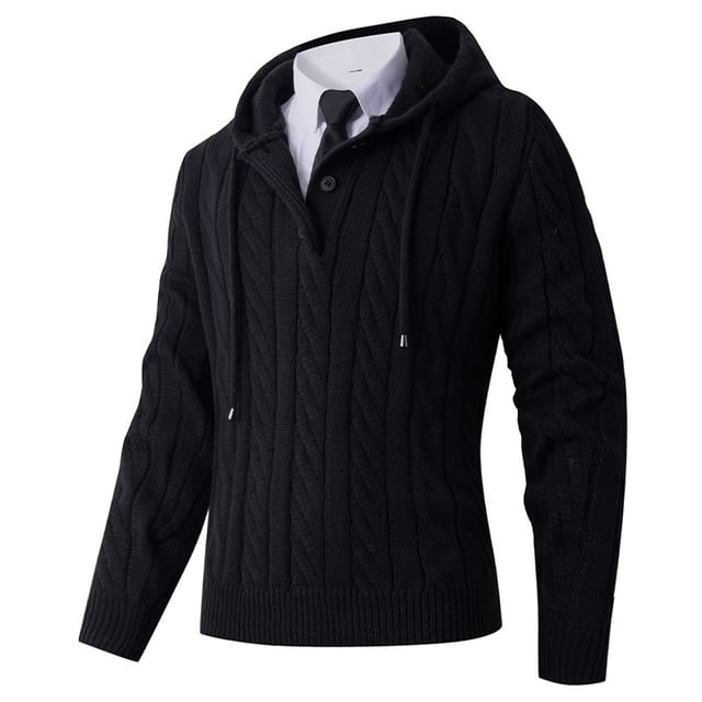 Aozora-Henley Plain Drawstring Hooded Cable Knit Sweater