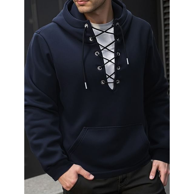 Aozora-Lace-Up Plain Hoodie