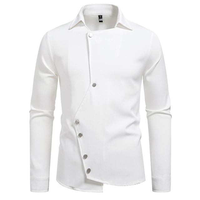 Aozora-Long-Sleeve Asymmetrical Plain Shirt