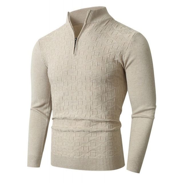 Aozora-Long-Sleeve Mock Neck Half Zip Plain Knit Top