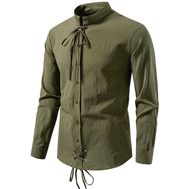 Aozora-Long-Sleeve Stand Collar Plain Shirt