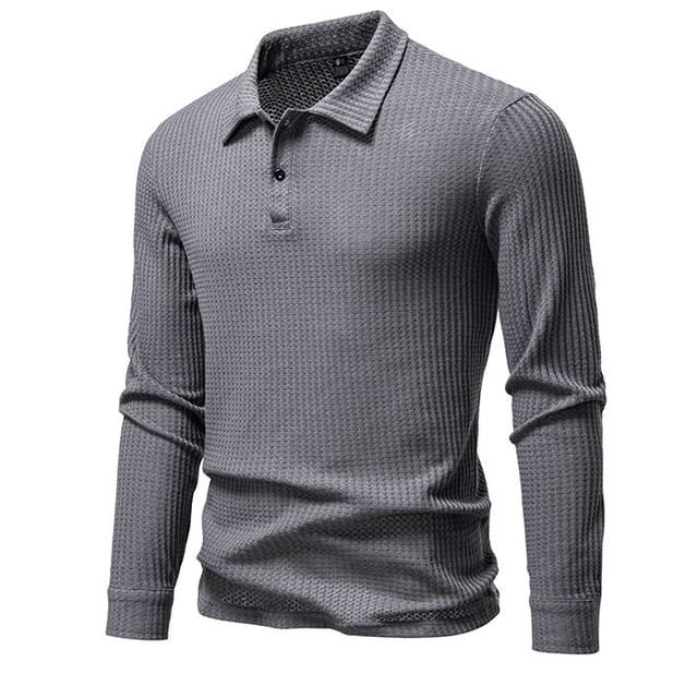 Aozora-Long-Sleeve Waffle Plain Polo Top