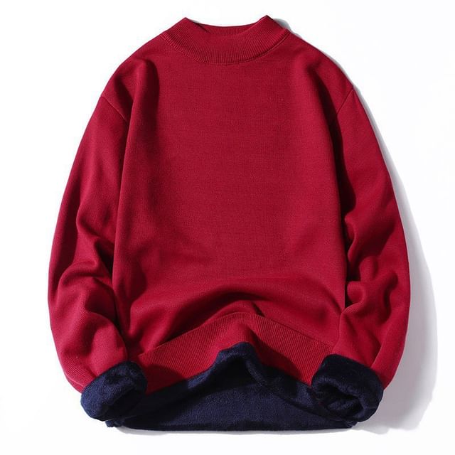 Aozora-Mock Neck Plain Fleece-Lined Sweater