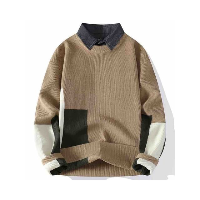 Aozora-Mock Two-Piece Collared Color Block Sweater
