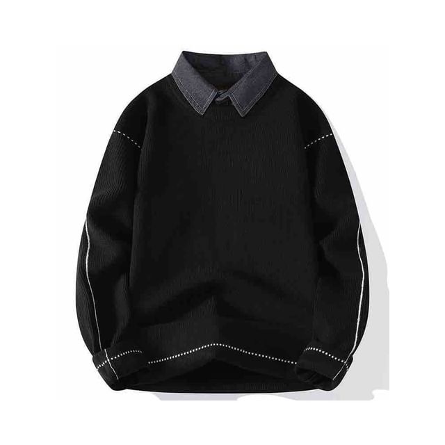 Aozora-Mock Two-Piece Collared Contrast Stitching Sweatshirt