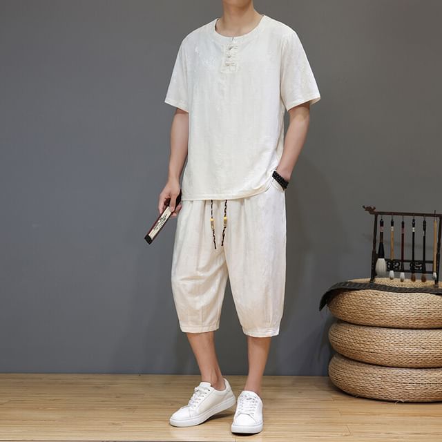Aozora-Set Short Sleeve Round Neck Frog Closure Jacquard Top Drawstring Waist Capri Tapered Pants