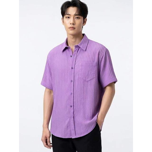 Aozora-Short Sleeve Collared Plain Shirt