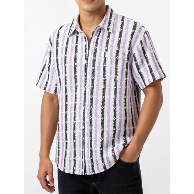 Aozora-Short Sleeve Collared Striped Shirt