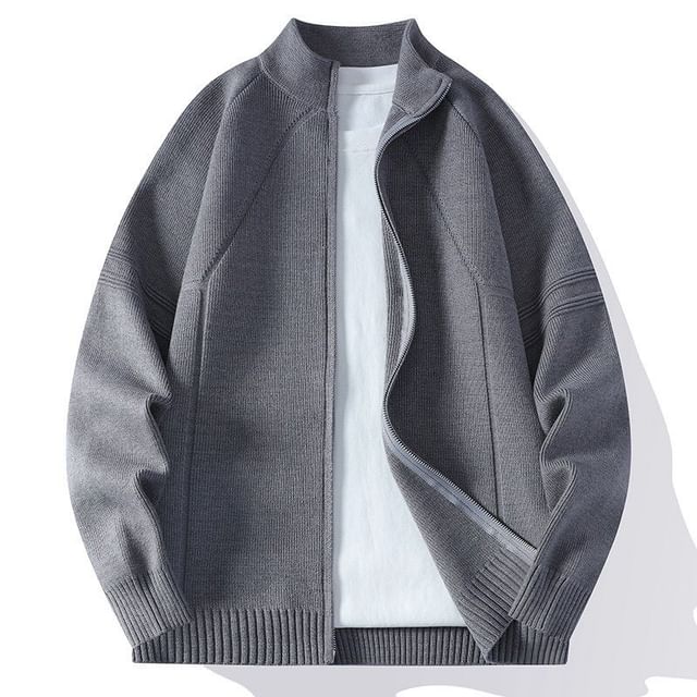 Aozora-Stand Collar Plain Zip Cardigan
