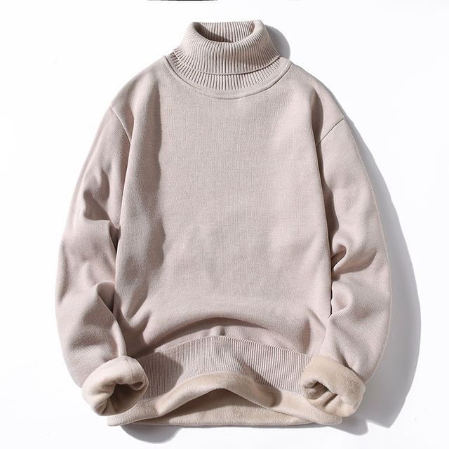 Aozora-Turtleneck Plain Fleece-Lined Sweater