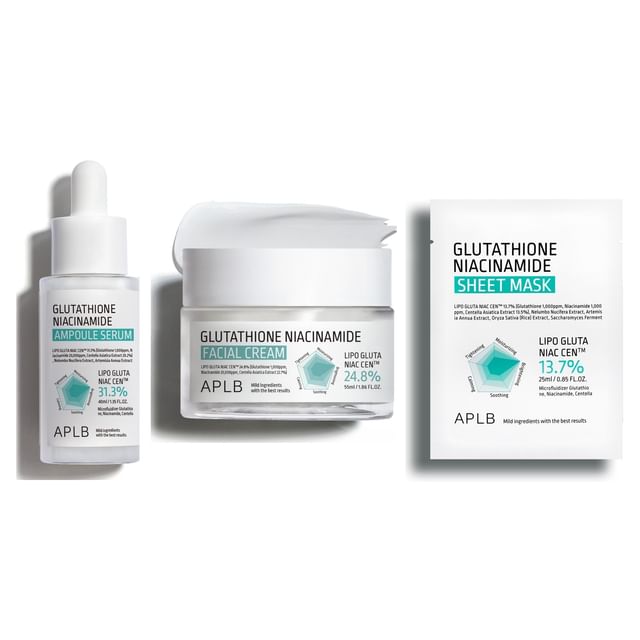 APLB - Bundle: APLB Glutathione Niacinamide Sheet Mask + Glutathione  Niacinamide Facial Cream + Glutathione Niacinamide Ampoule Serum