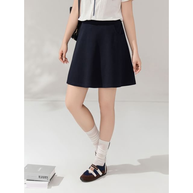 Appelsin-High Waist Plain Mini A-Line Skirt