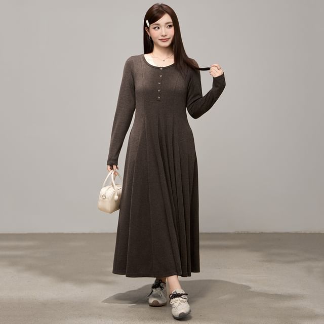 Appelsin-Long Sleeve Round Neck Plain Button Maxi A-Line Dress