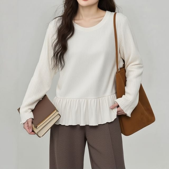Appelsin-Long Sleeve Round Neck Plain Ruffle Top