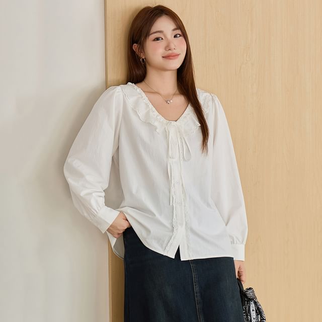 Appelsin-Long-Sleeve Ruffle Collar Lace Trim Button-Up Plain Blouse
