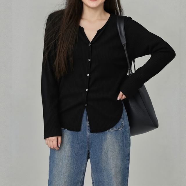 Appelsin-Long Sleeve V-Neck Plain Button Ribbed Top